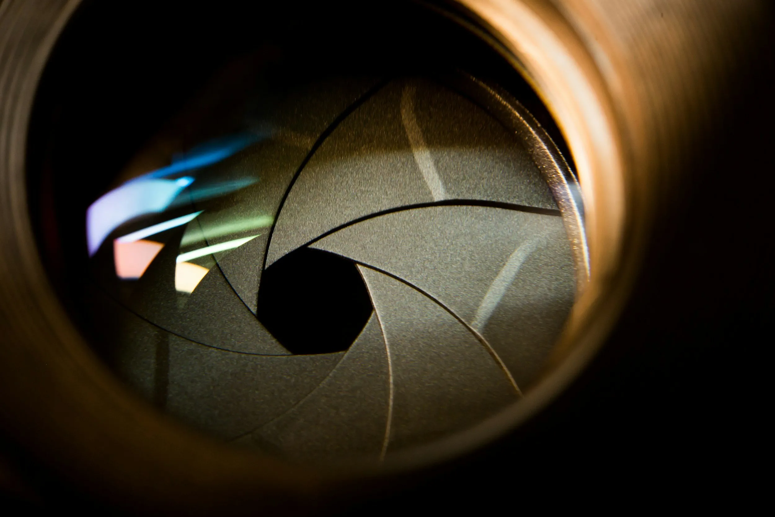 Close-up of camera aperture diaphragm blades