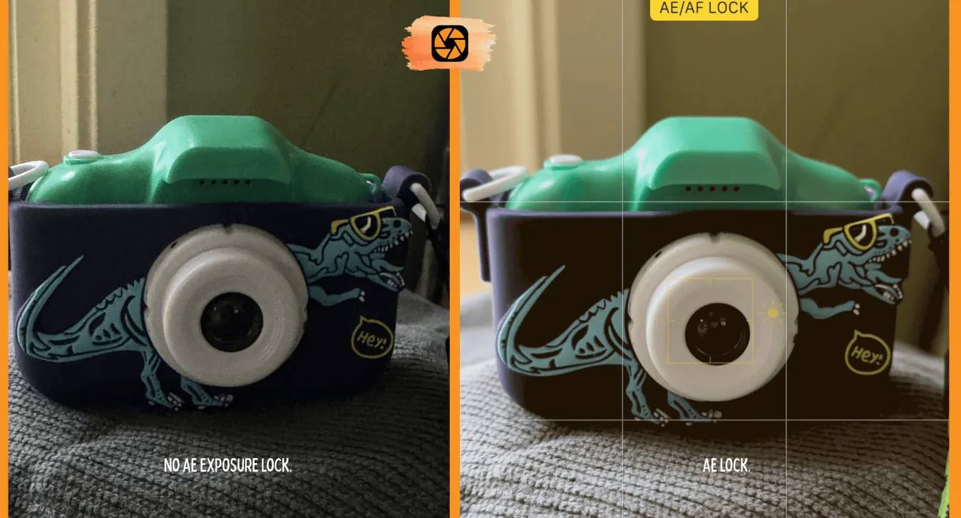 Side-by-side comparison of a toy camera photographed without AE/AF exposure lock, dim and unevenly lit, and with AE/AF lock engaged, evenly exposed with a focus box on the lens.