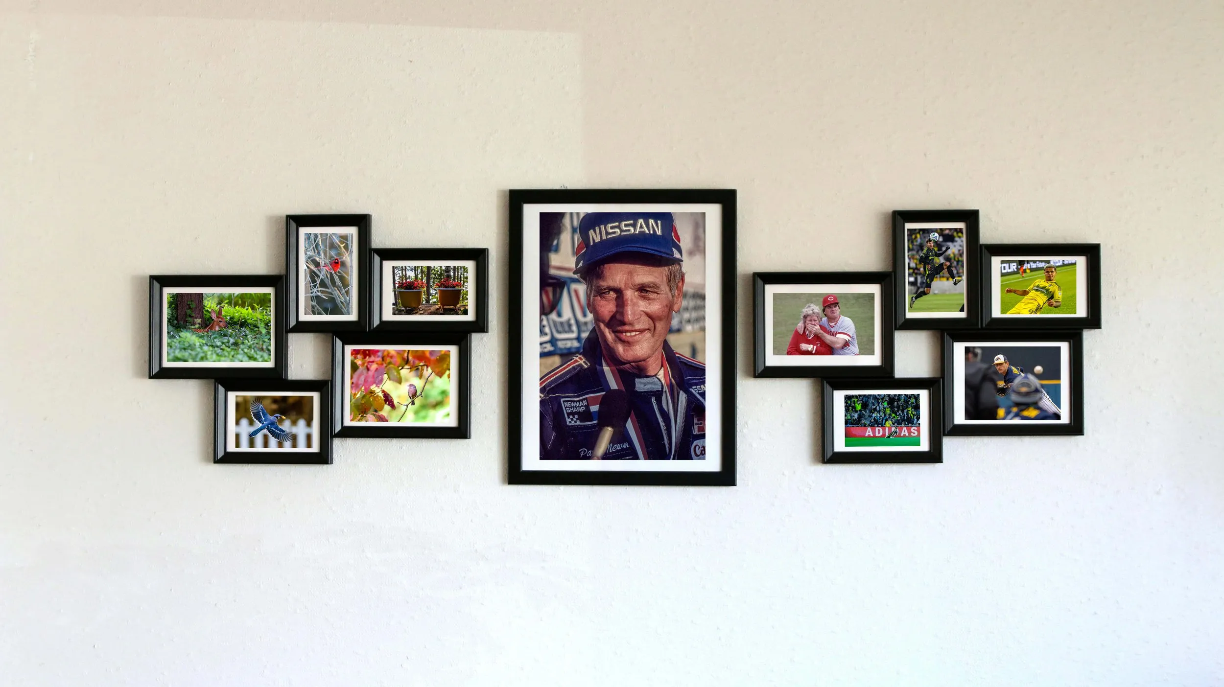 Framed photo prints and canvas art arranged in a gallery wall display
