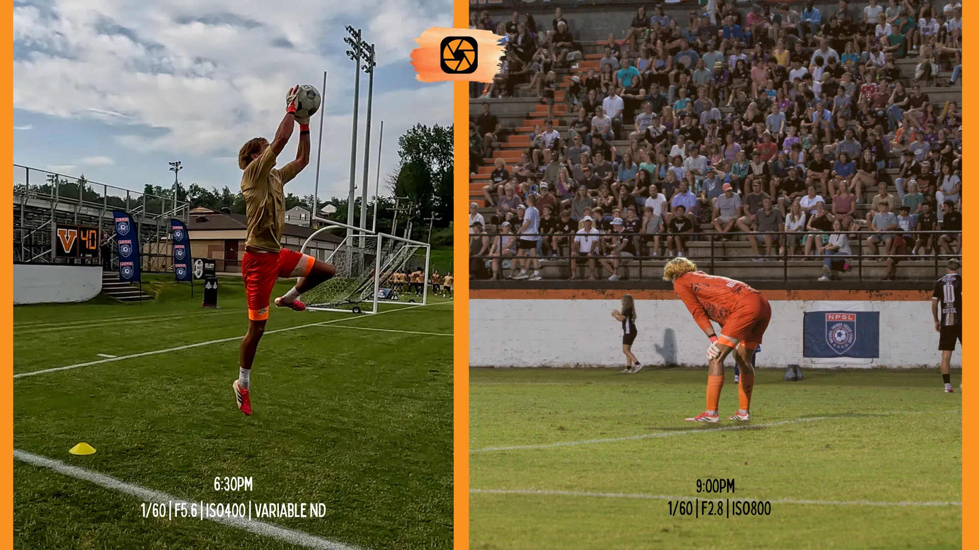 Split two-panel graphic of the same goalkeeper at a match: making a save at 6:30pm in daylight, and bent over on the pitch at 9:00pm under stadium lights, with each panel's exposure settings overlaid.