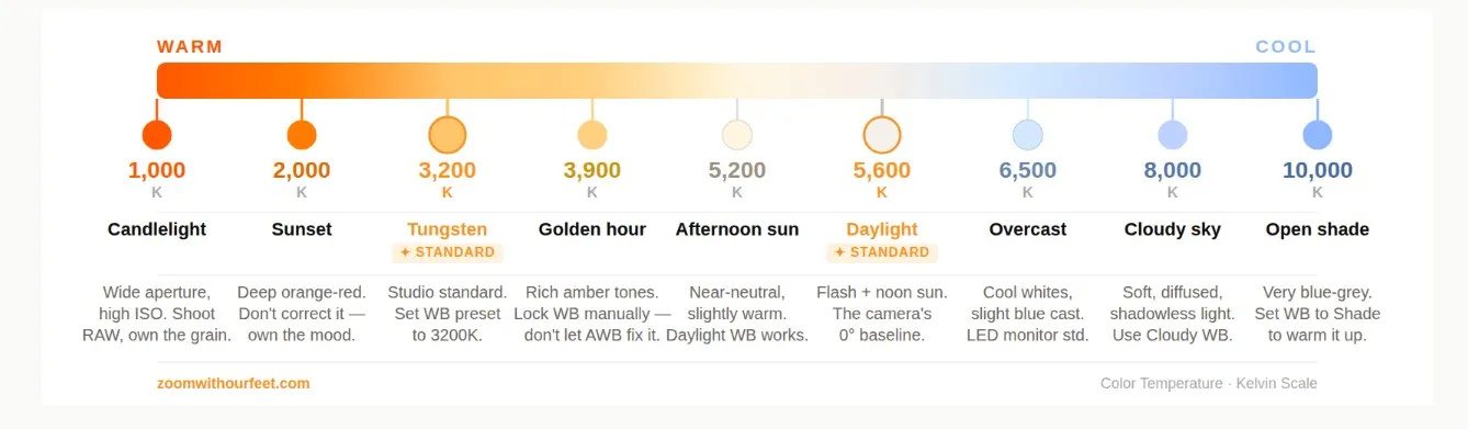 Kelvin color temperature scale from 1,000K to 10,000K, showing candlelight, sunset, tungsten, golden hour, afternoon sun, daylight, overcast, cloudy sky, and open shade, with white balance guidance for each.